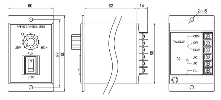 AC Motor Speed Controller 6W–400W Dimension Drawing (Panel 100×60mm, Body 90×52×80mm)
